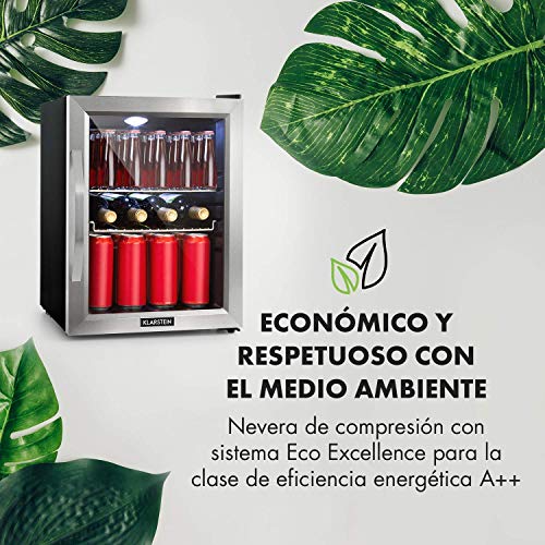 Klarstein Beersafe - Nevera con puerta acristalada, Mininevera, Minibar, Iluminación LED, Acero inoxidable, 5 niveles de frío, 42 dB, 2 rejillas metálicas extraíbles, A++, 35 litros, Negro