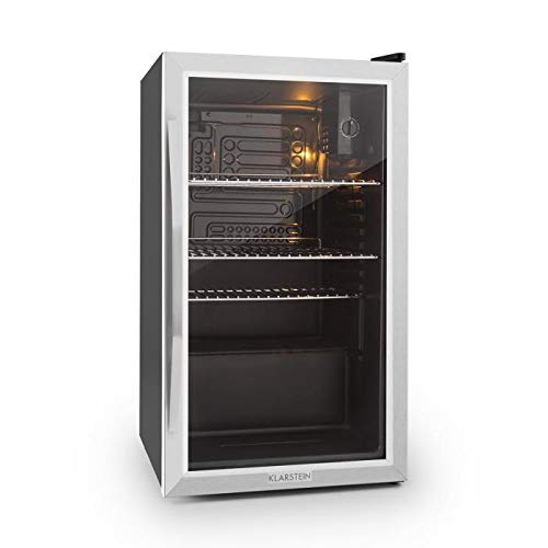 Klarstein Beersafe - Nevera con puerta acristalada, Mininevera, Minibar, Iluminación LED, Acero inoxidable, 5 niveles de frío, 42 dB, 3 rejillas metálicas extraíbles, A+, 85 litros, Negro