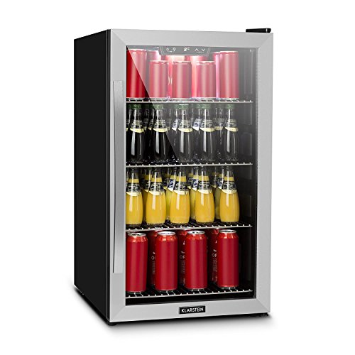 Klarstein Beersafe XL - Minibar, Nevera para bebidas, Refrigerador, Silencioso, Puerta de cristal, Iluminación LED, Acero inoxidable, Clase A+, 48 x 85 x 60 cm, Volumen 124 L, Negro