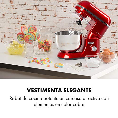 Klarstein Bella Elegance - Robot de cocina, Potencia 1300W/1,7PS, 6 niveles, Función pulso, Sistema de amasado planetario, 5 L, Cuenco acero inoxidable, Inclinación, Bloqueo de seguridad, Rojo