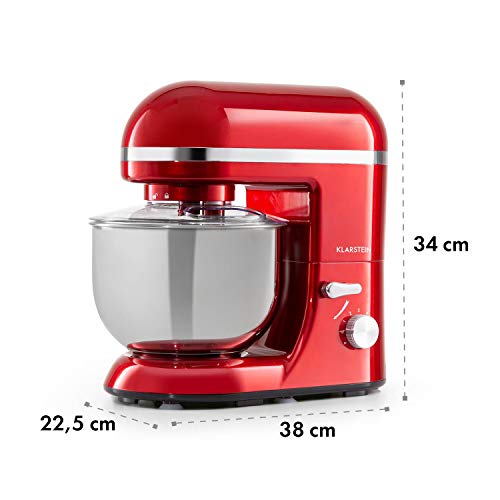 Klarstein Bella Elegance - Robot de cocina, Potencia 1300W/1,7PS, 6 niveles, Función pulso, Sistema de amasado planetario, 5 L, Cuenco acero inoxidable, Inclinación, Bloqueo de seguridad, Rojo