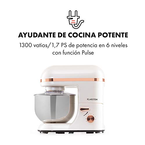 Klarstein Bella Elegance - Robot de cocina, Potencia 1300W/1,7PS, 6 niveles, Función pulso, Sistema de amasado planetario, 5 L, Cuenco acero inoxidable, Inclinación, Bloqueo de seguridad, Blanco