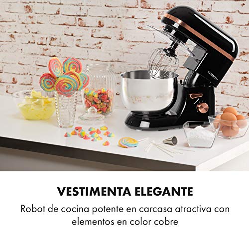 Klarstein Bella Elegance - Robot de cocina, Potencia 1300W/1,7PS, 6 niveles, Función pulso, Sistema de amasado planetario, 5 L, Cuenco acero inoxidable, Inclinación, Bloqueo de seguridad, Negro