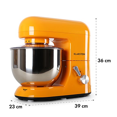 Klarstein Bella Orangina - Robot de Cocina, Batidora, Amasadora, 1200 W, 5,2 litros, 1,6 PS, Batido planetario, 6 Niveles de Velocidad, Recipiente de Acero Inoxidable, Naranja