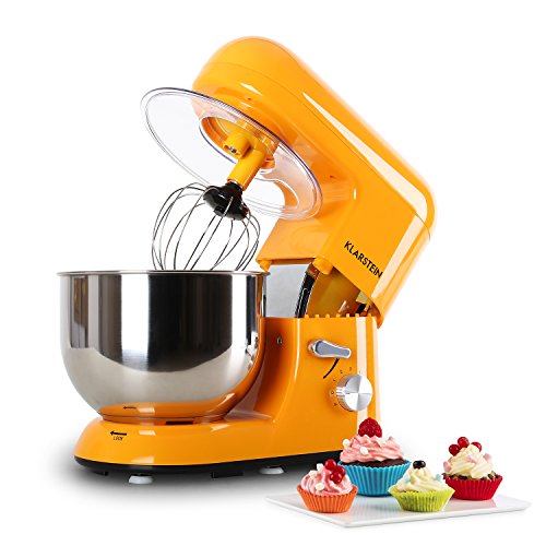 Klarstein Bella Orangina - Robot de Cocina, Batidora, Amasadora, 1200 W, 5,2 litros, 1,6 PS, Batido planetario, 6 Niveles de Velocidad, Recipiente de Acero Inoxidable, Naranja