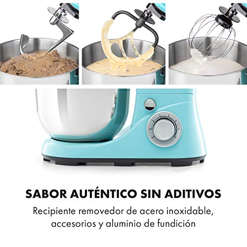 Klarstein Bella Pico 2G - robot de cocina, mezclador de alimentos, 1200 W / 1,6 PS, 6 niveles con efecto pulso, sistema de rotación planetaria, cuenco de 5 litros de capacidad, 3 piezas, azul