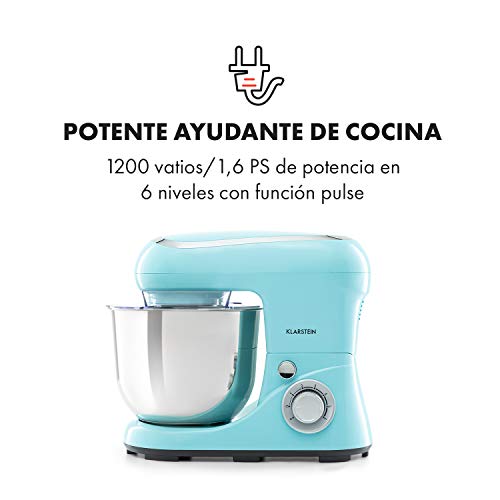 Klarstein Bella Pico 2G - robot de cocina, mezclador de alimentos, 1200 W / 1,6 PS, 6 niveles con efecto pulso, sistema de rotación planetaria, cuenco de 5 litros de capacidad, 3 piezas, azul