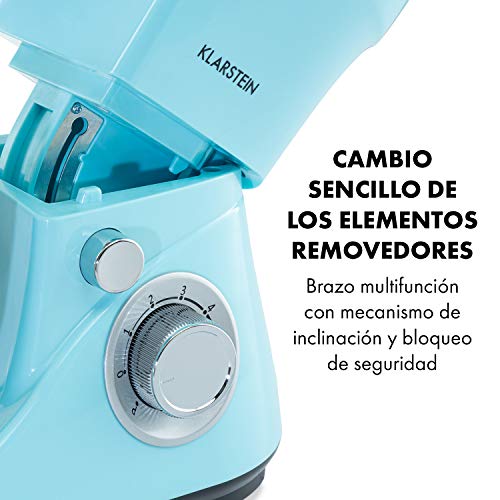 Klarstein Bella Pico 2G - robot de cocina, mezclador de alimentos, 1200 W / 1,6 PS, 6 niveles con efecto pulso, sistema de rotación planetaria, cuenco de 5 litros de capacidad, 3 piezas, azul