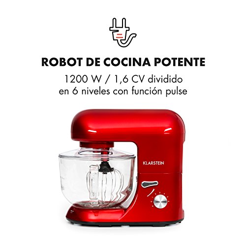 Klarstein - Bella Rossa 2G, Robot de Cocina, Mezcla, Amasadora, Batidora, 1200W, 2,5 a 5,2 L, Bol Cristal, 6 velocidades, Función Pulso, Sistema de Mezcla planetaria, Gancho amasar, Rojo