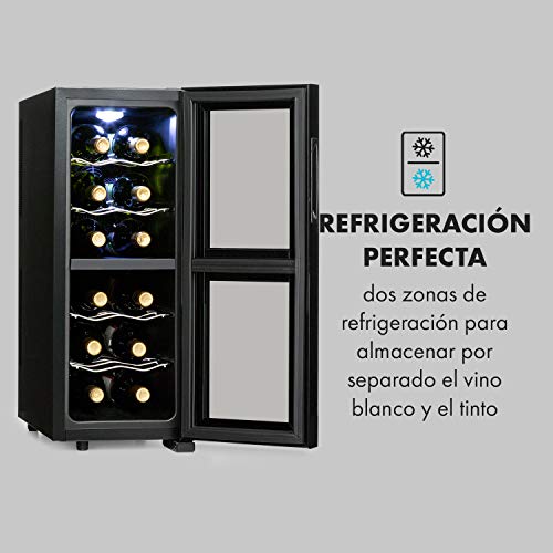 Klarstein Bellevin Duo - Nevera para vinos, 2 zonas, 4 estantes metal cromado, EEC A, Volumen 12 botellas / 33 L, 38 dB, Temperatura regulable, Puerta acristalada, Panel táctil, Pantalla LED, Negro