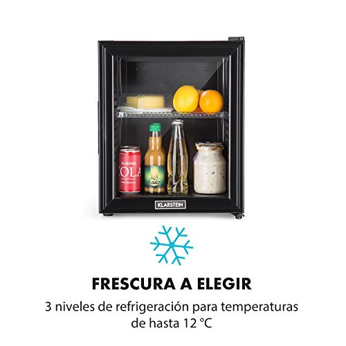 Klarstein Brooklyn 24L Nevera con puerta acristalada - Mininevera, Minibar, 24 L, 0 dB, 12-15 °C, Iluminación interior LED, Puerta acristalada, Para casas pequeñas y de solteros, Negro