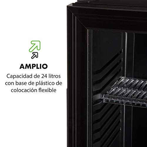 Klarstein Brooklyn 24L Nevera con puerta acristalada - Mininevera, Minibar, 24 L, 0 dB, 12-15 °C, Iluminación interior LED, Puerta acristalada, Para casas pequeñas y de solteros, Negro