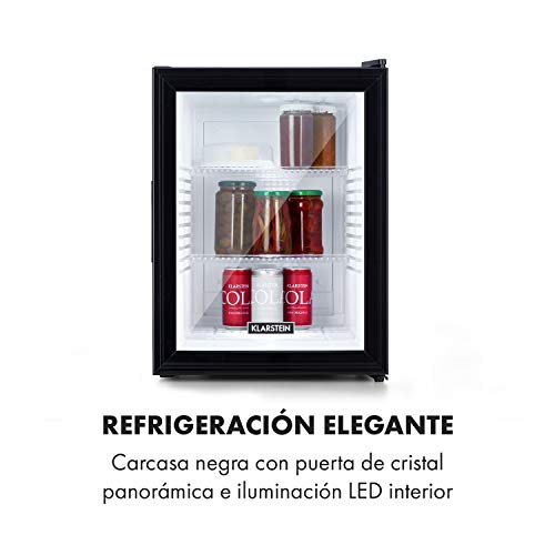 Klarstein Brooklyn 42 mininevera - compacta, independiente, termoeléctrica, 42 litros de capacidad, 12-18 °C, clase A, sistema SilentCool sin ruido, luces LED, puerta panorámica, Negro y Blanco