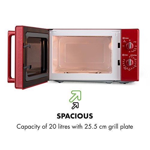 Klarstein Caroline Microondas - Microondas combi 2 en 1 con función grill, 20 litros, 700/1000 W de potencia, Ø 25,5cm, Diseño retro, Acero inoxidable, Rojo