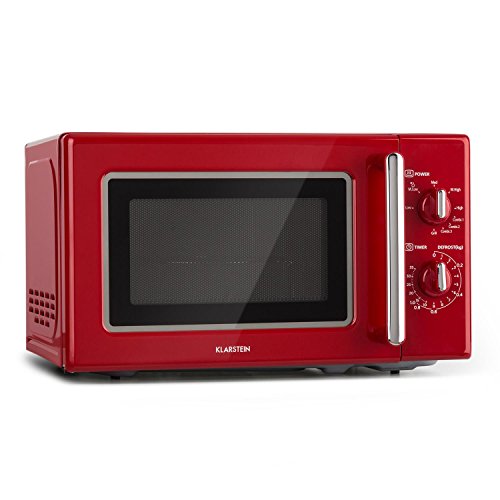 Klarstein Caroline Microondas - Microondas combi 2 en 1 con función grill, 20 litros, 700/1000 W de potencia, Ø 25,5cm, Diseño retro, Acero inoxidable, Rojo