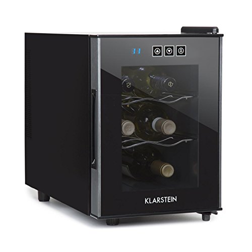 Klarstein - Ceres, Nevera vinos o Bebidas, Vinoteca, 16 L, 6 Botellas, 2 estantes, Control Táctil, Silencioso 36 dB, Puerta Cristal 12 a 18º, Iluminación Interior, Baldas extraíbles, Negro