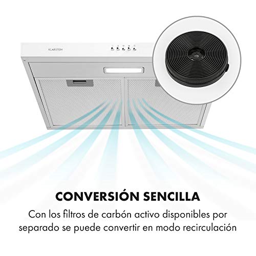 Klarstein Contempo – extractor de humos bajo mueble, campana extractora, extracción, ventilación, 60 cm, 175 m³/h, instalación en pared o bajo mueble, acero inoxidable cepillado/blanco