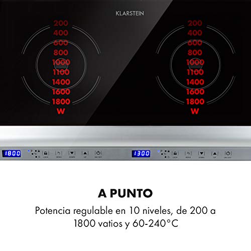 Klarstein Cucinata Cocina de inducción - 2 zonas de cocción, Rendimiento total de 3.100 W, 10 niveles de 200-1.300 W, 60-240 °C, Superficie de vidrio, Panel de control táctil, Pantalla LED, Negro