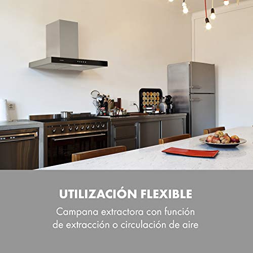 Klarstein Darya extractor de humos de pared - Clase A, 60 cm, extracción de 310 m³/h, 2 filtros de grasa de aluminio, 67 dB, acero inoxidable, frontal negro de vidrio acrílico, ventilación, plateado