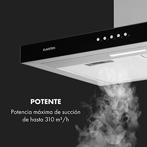 Klarstein Darya extractor de humos de pared - Clase A, 60 cm, extracción de 310 m³/h, 2 filtros de grasa de aluminio, 67 dB, acero inoxidable, frontal negro de vidrio acrílico, ventilación, plateado