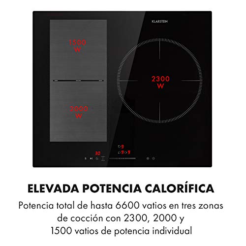 Klarstein Delicatessa 3 Flex placas de inducción – Fogones para cocina, autárquico, 3 zonas, 6600 W, 9 niveles, zona de paella, reconoce las ollas, programable, Control táctil, Vitrocerámica, Negro