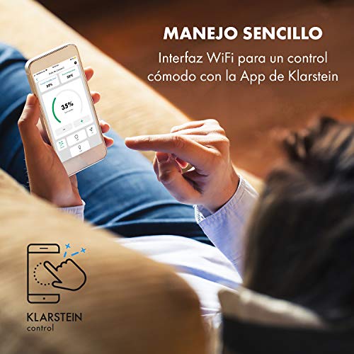 KLARSTEIN DryFy Connect - Deshumidificador de Aire, Humedad deseada Regulable, Función oscilación, WiFi, Filtro de carbón Activo, 360 m³/h, 35-45 m², Depósito Agua 7 L, Rendimiento 40 L/día, Blanco