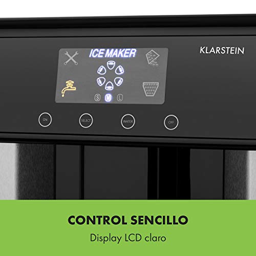 Klarstein Eiszeit Silver Edition - Máquina de cubitos de hielo, 3 tamaños, 10-15 kg/24h, Display LCD, Depósito de agua 3 L, Capacidad de hielo 600 g, Alarma, Carcasa acero inoxidable, Plata