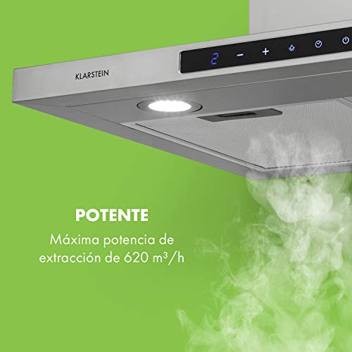 Klarstein Eliana campana extractora - 60 cm, absorción máxima de 620m³/h, control táctil, 2 filtros de grasa de aluminio, absorción y ventilación, clase B, Pirámide delgada, Acero inoxidable