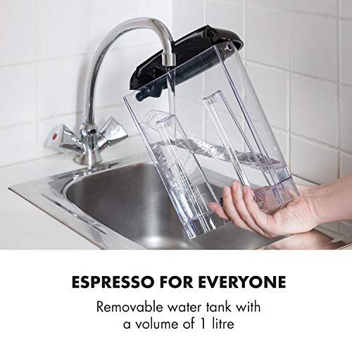 Klarstein Espressionata Gusto - Cafetera espresso, 1100 W de potencia, Presión de 15 bares, Depósito de agua de 1,25 litros, Boquilla de vapor, Termómetro, Bandeja de goteo extraíble, Negro