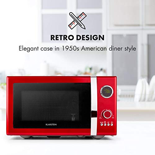 Klarstein Fine Dinesty - Horno microondas con grill, Microondas 2 en 1, Microondas 800W, Grill 1000W, Capacidad 23L, 12 programas, 3 niveles de descongelación, Display digital, Rojo