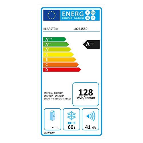 Klarstein Garfield Eco L congelador - 60 litros de capacidad, eficiencia energética de clase A++, 3 cajones, patas con altura regulable, 41 dB, frontal de acero inoxidable cepillado, gris