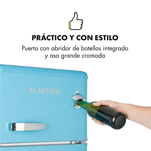 Klarstein Irene - Nevera combi, Nevera retro, Nevera de 61 litros, Congelador de 24 litros, Emisión de 40 dB, 2 baldas, 2 compartimentos en la puerta, Para familias pequeñas y solteros, Azul