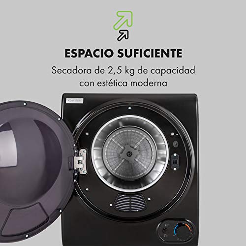 Klarstein Jet Set 2500 - Secadora de ropa, Carga frontal, Potencia 850 W, Independiente, EEC C, 2,5 kg, Resistencia de PTC, Calor hasta 60 °C, Programable de 20 a 200 minutos, Compacta, Negro