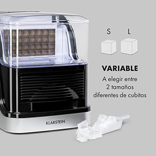 Klarstein Kristall XL máquina de hielo - hielo transparente, máquina de cubitos, cubitos de dos tamaños distintos, depósito de 2,5 litros, extraíble, recipiente de 600 gramos, plata-negro