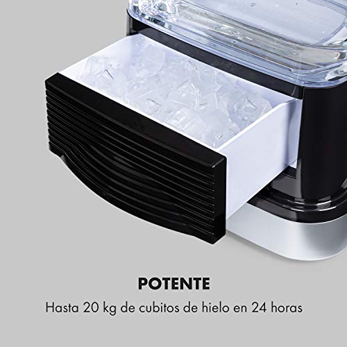 Klarstein Kristall XL máquina de hielo - hielo transparente, máquina de cubitos, cubitos de dos tamaños distintos, depósito de 2,5 litros, extraíble, recipiente de 600 gramos, plata-negro