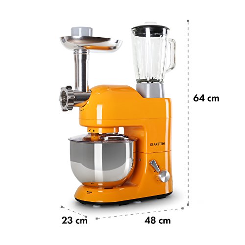 Klarstein Lucia Orangina - Robot de cocina universal, Batidora, Amasadora, Picadora, Licuadora, 5 L, Batido planetario, Cabezal para pasta, Recipiente de acero inoxidable, 1300 W, Naranja