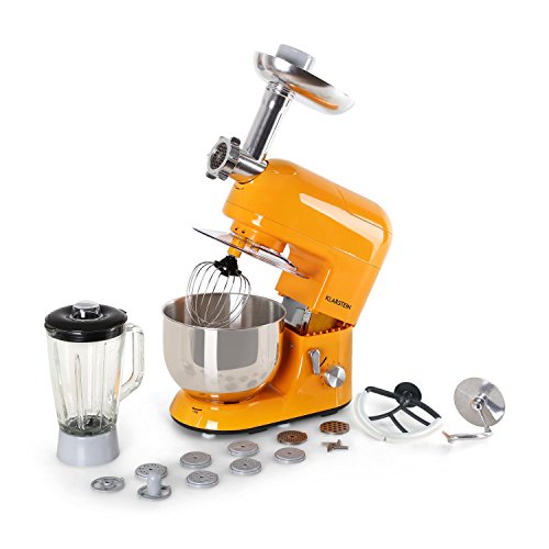 Klarstein Lucia Orangina - Robot de cocina universal, Batidora, Amasadora, Picadora, Licuadora, 5 L, Batido planetario, Cabezal para pasta, Recipiente de acero inoxidable, 1300 W, Naranja