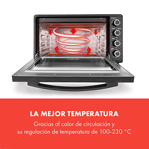 KLARSTEIN Masterchef 60 Mini Horno - 60 litros, 2000 W, temperatura: 100-230 °C, asador giratorio, función de circulación de aire, temporizador, puerta de doble cristal, acero inoxidable, negro