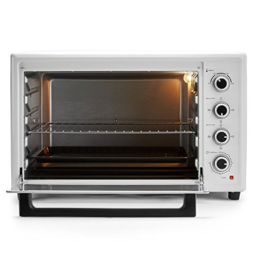 Klarstein Masterchef XL - Horno eléctrico, Pincho Giratorio, 100 L, 2700 W, 4 Puntos de Calor, 100-230° C, Calor Superior, Calor Inferior, Acero INOX, Luz Interior, Temporizador, Blanco