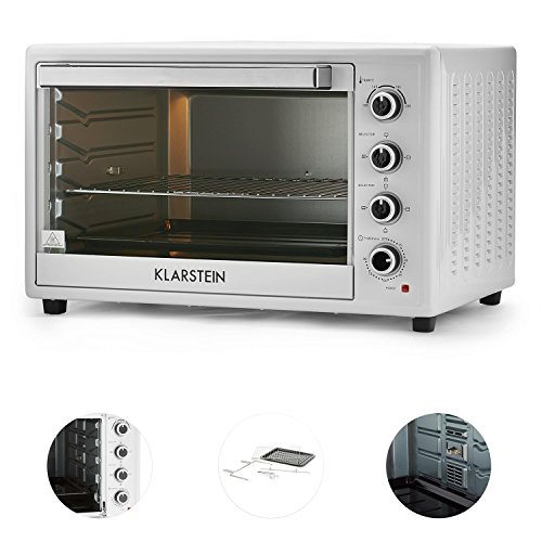 Klarstein Masterchef XL - Horno eléctrico, Pincho Giratorio, 100 L, 2700 W, 4 Puntos de Calor, 100-230° C, Calor Superior, Calor Inferior, Acero INOX, Luz Interior, Temporizador, Blanco