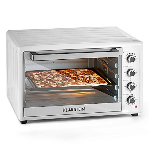 Klarstein Masterchef XL - Horno eléctrico, Pincho Giratorio, 100 L, 2700 W, 4 Puntos de Calor, 100-230° C, Calor Superior, Calor Inferior, Acero INOX, Luz Interior, Temporizador, Blanco