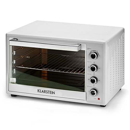 Klarstein Masterchef XL - Horno eléctrico, Pincho Giratorio, 100 L, 2700 W, 4 Puntos de Calor, 100-230° C, Calor Superior, Calor Inferior, Acero INOX, Luz Interior, Temporizador, Blanco