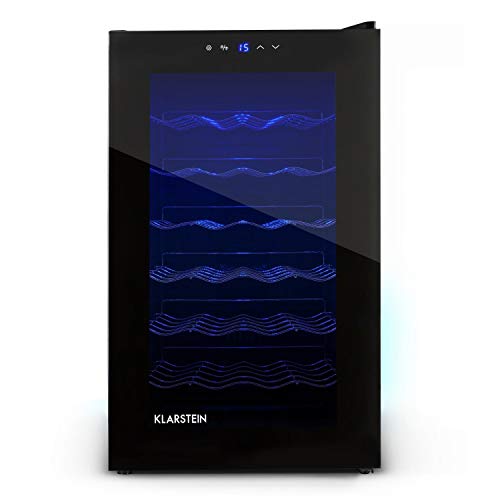 Klarstein MKS-2 Cava - Nevera para vinos, capadidad 28 botellas equivalente a 70 Litros máx, 6 Estantes, panel de control táctil, Temperatura regulable 8°- 18° C, LED interior, Negro