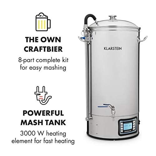 Klarstein Mundschenk - Caldera de maceración y mosto, Elaboración cerveza, Acero inoxidable, 50 L, Calentador 3000 W, Plateado