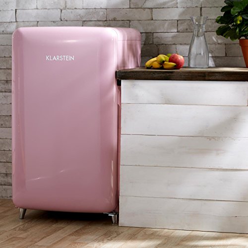 Klarstein PopArt Pink - Nevera, Look Retro 50´s, 108 L, Congelador 13 L, Función enfriamiento rápido, Cajón para verduras, 2 x Cajones, Botellero, Huevera, Apertura a la derecha, Rosa