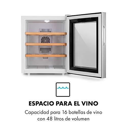 Klarstein Reserva 16 Blanco nevera para vinos - Vinoteca termoeléctrica, Eficiencia energética de tipo A, 34 dB, 1 zona, 48 litros de volumen, 16 botellas, 11-18 °C, Pantalla LED, Blanco