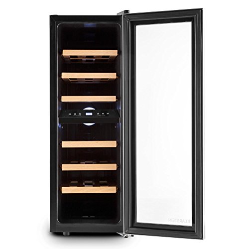 Klarstein Reserva Duett 12 - Nevera para vinos, Nevera para bebidas, 65 Litros, 21 Botellas, 2 Zonas de frío, 6 estantes de madera, Iluminación LED, Módulo independiente, Negro-plateado