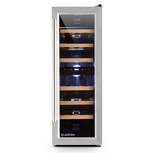 Klarstein Reserva Duett 12 - Nevera para vinos, Nevera para bebidas, 65 Litros, 21 Botellas, 2 Zonas de frío, 6 estantes de madera, Iluminación LED, Módulo independiente, Negro-plateado