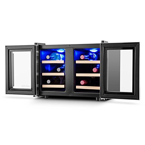 Klarstein Reserva Saloon - Vinoteca, Nevera para vinos, Enfriador con 6 estantes, 40L, 12 Botellas, Regulable: 8 a 18°C, Luz interior LED, Baja contaminación acústica, Altura regulable, Gris