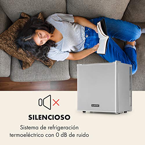 Klarstein Secret Cool Mini Nevera - Clase A+, 13 litros de volumen, 45 cm de altura, 0 dB, Silencioso y sin ruidos, Rango de frío de 5-8 °C, Aislado, Nevera para bebidas, Minibar, Plateada